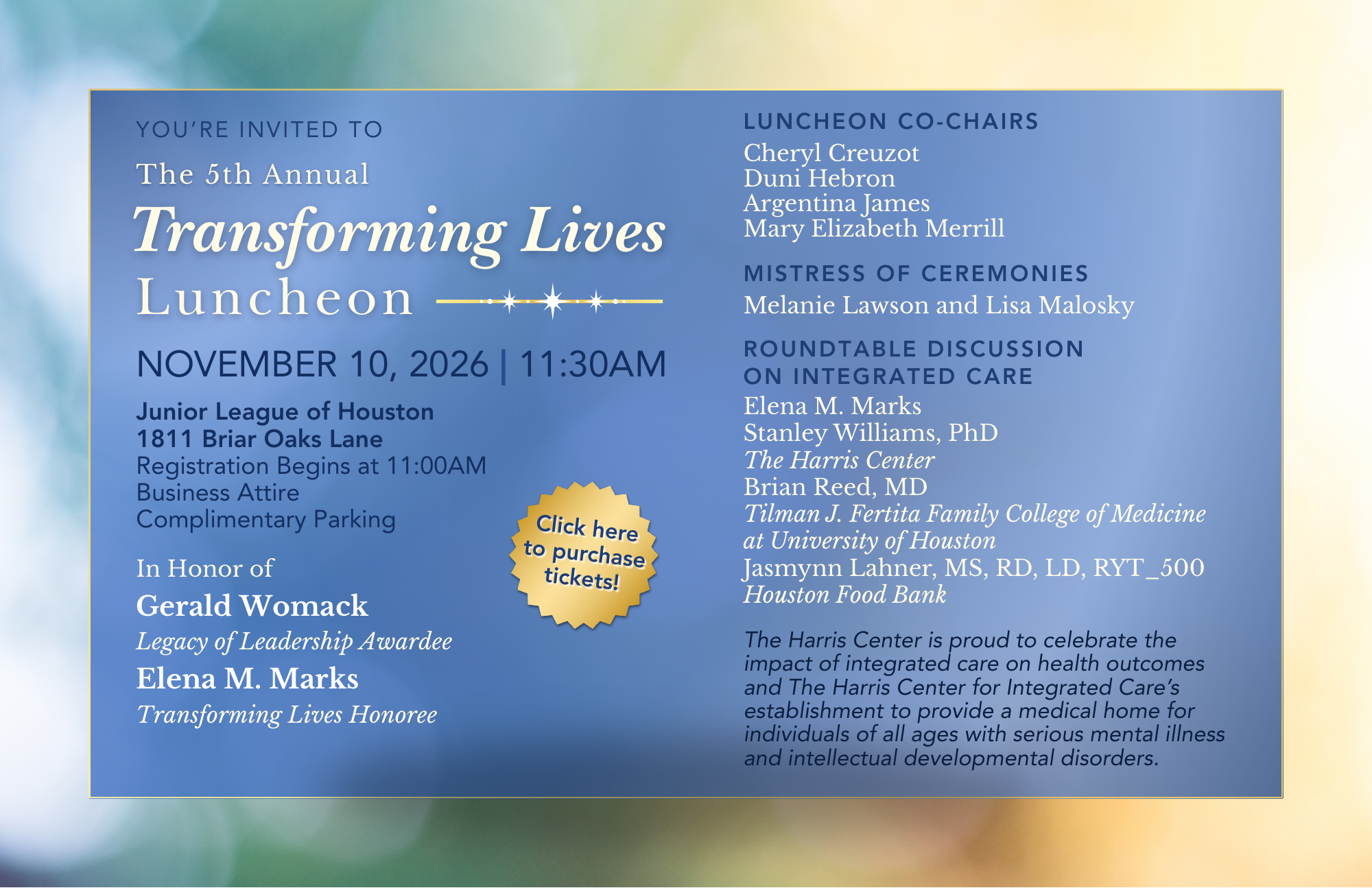 Invitation to the Fifth Annual Transforming Lives Luncheon, November 10, 2026 at 11:30 AM